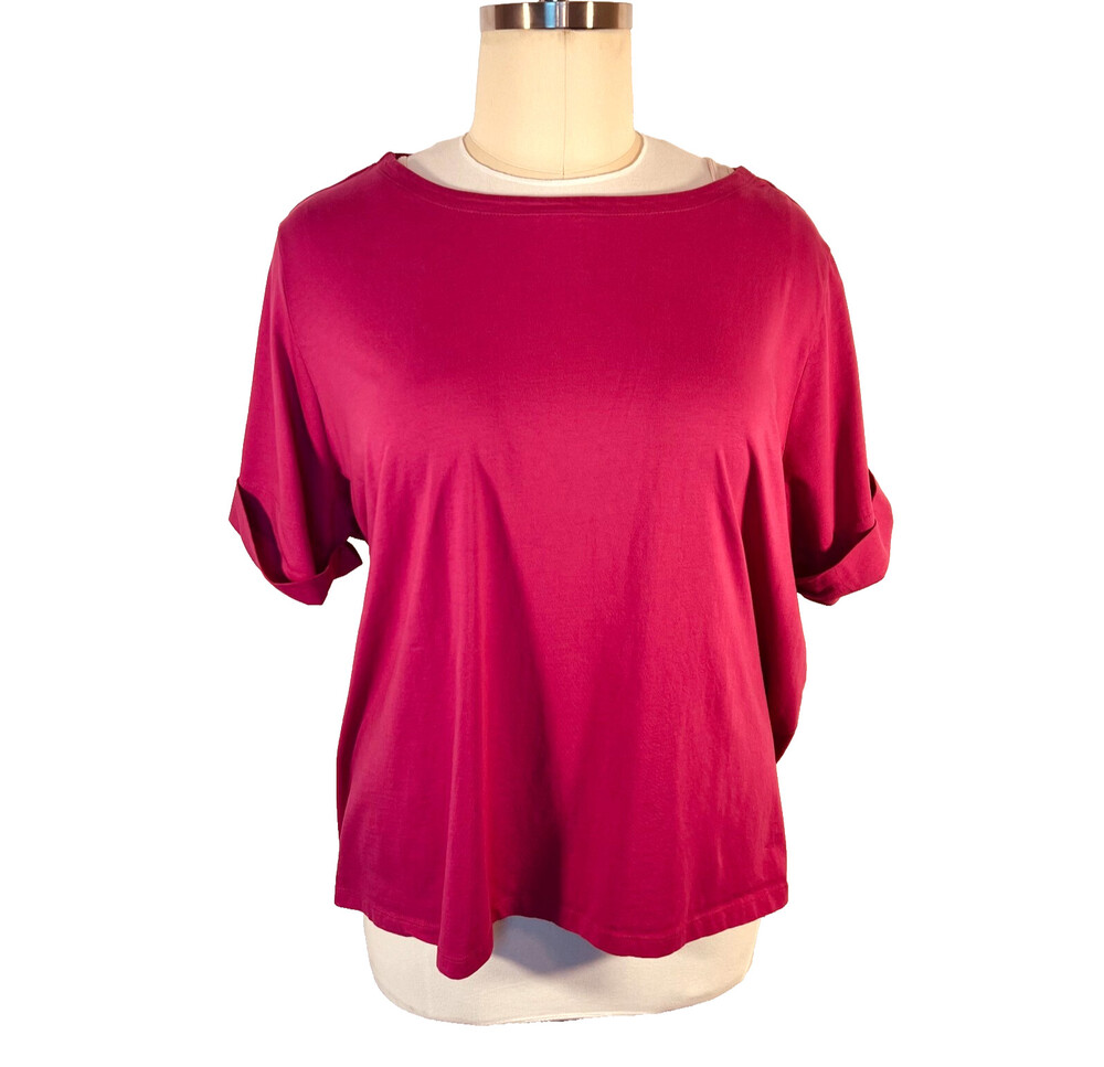 Woman Within Tee Shirt 4X Petite Fuschia Pink Short Cuff Sleeve Boat Neck